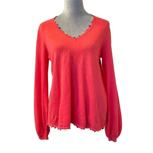 Boden Women's Linen V-Neck Pullover Sweater M Coral Pom-Pom Trim Casual Knit - Picture 1 of 13